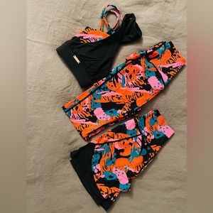 Blanc Noir athletic set with bra, shorts and leggings. Beautiful bright print.